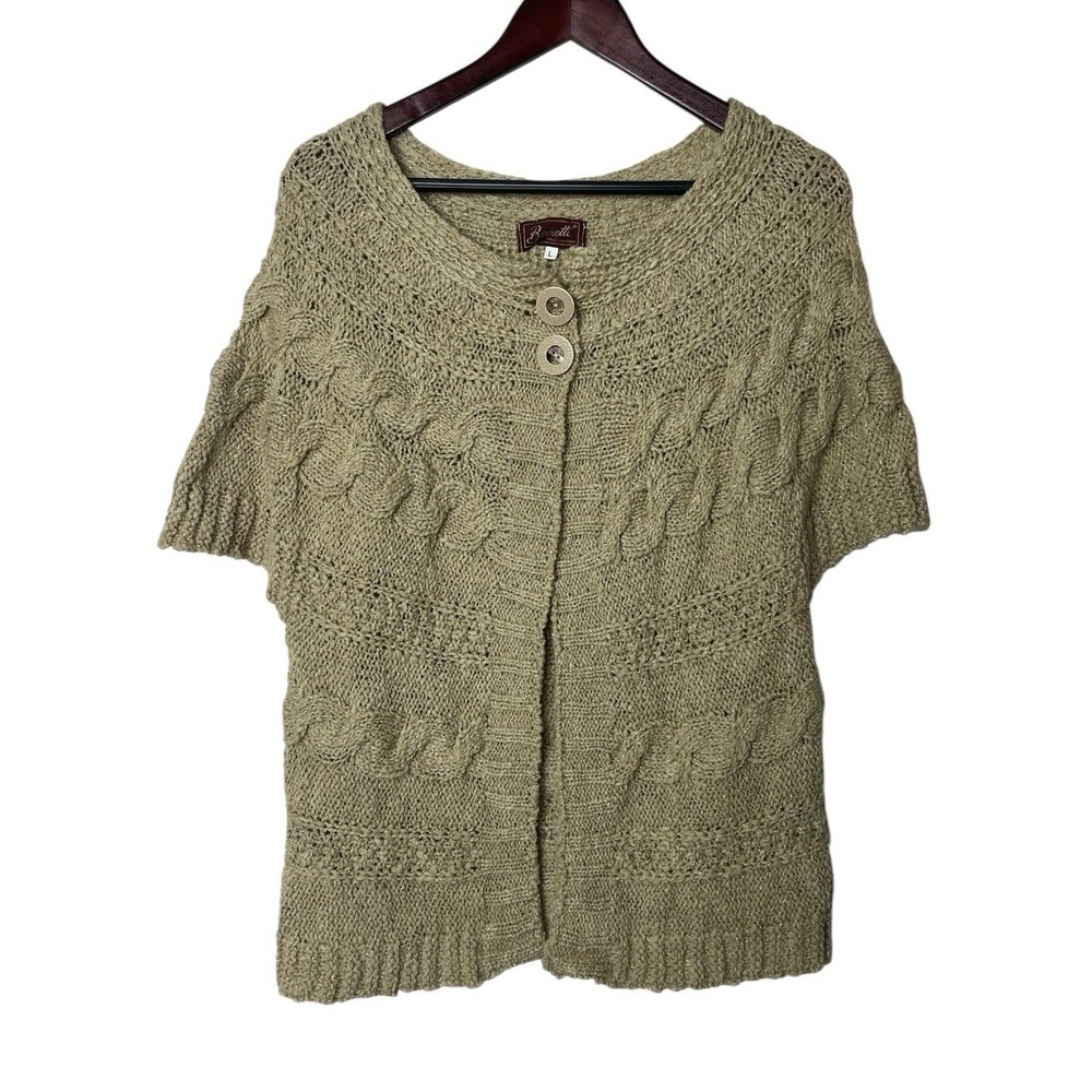 Berretti Tan Shiny Gold Thread Wool‎ Blend Short Sleeve Cardigan Italy Women's L